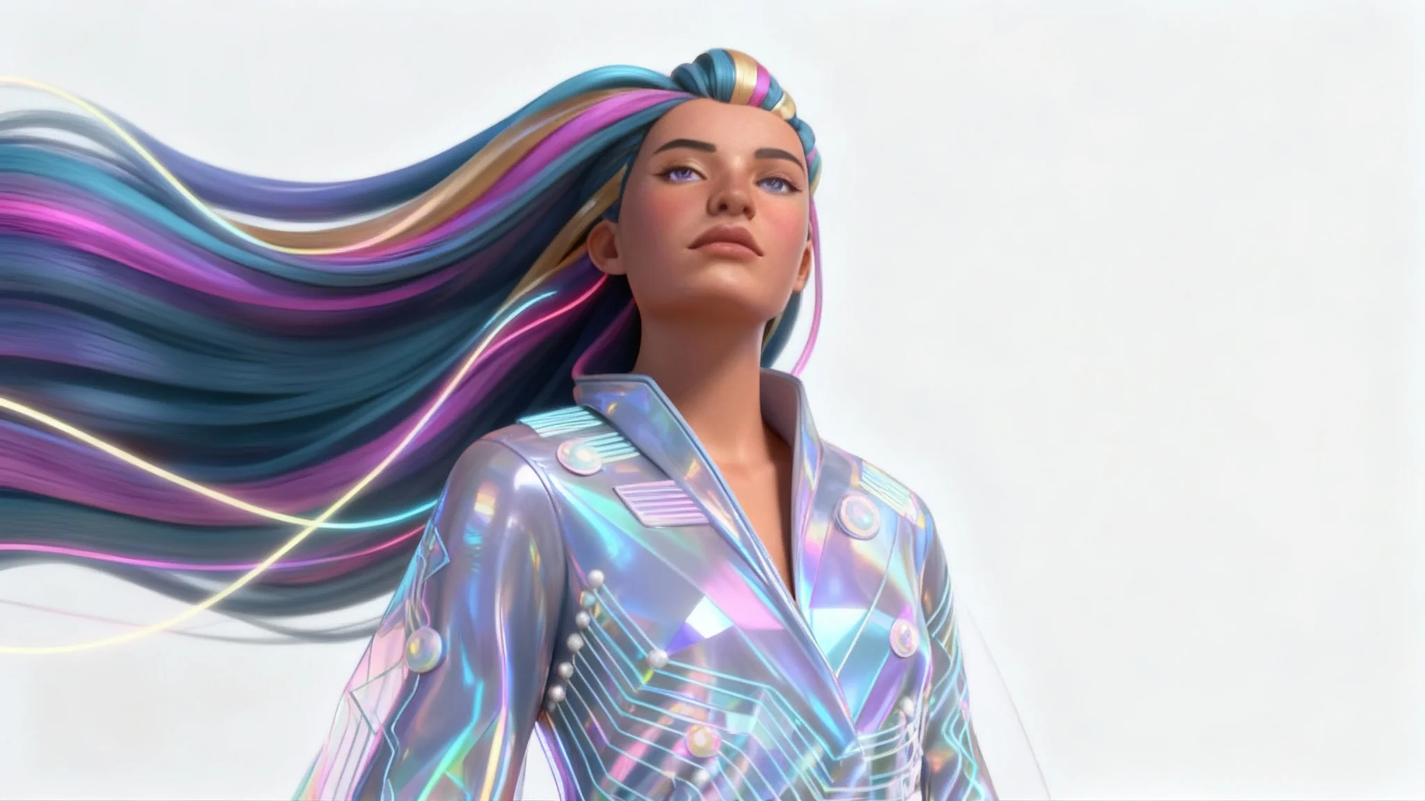 A hyper-realistic 3D rendered portrait of a futuristic avatar with vibrant, multicolored hair and a shimmering outfit, showcased against a clean studio background.