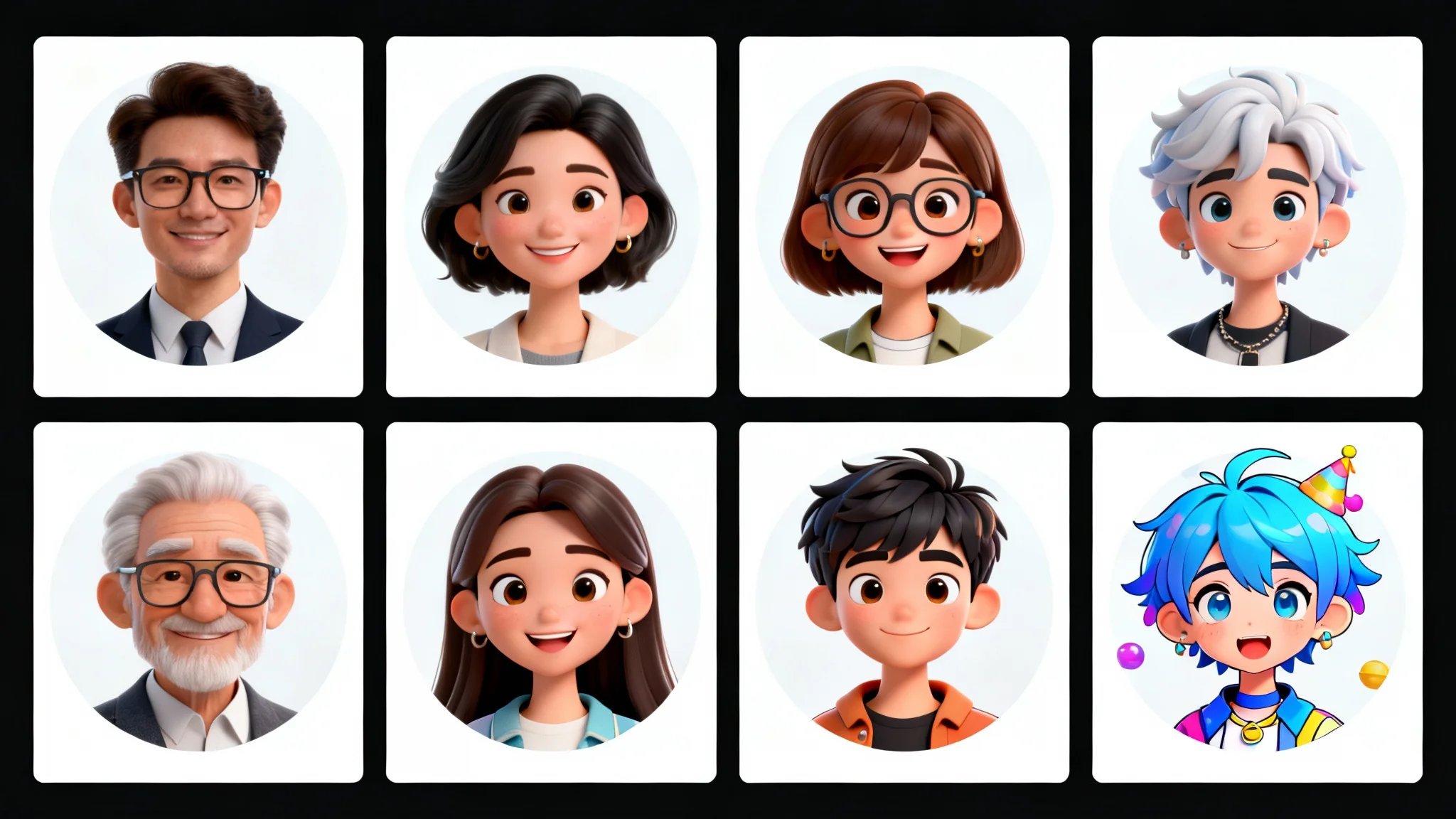 A grid of nine diverse, high-quality user avatars showcasing various artistic styles, from realistic portraits to cartoon characters, arranged on a clean white background.