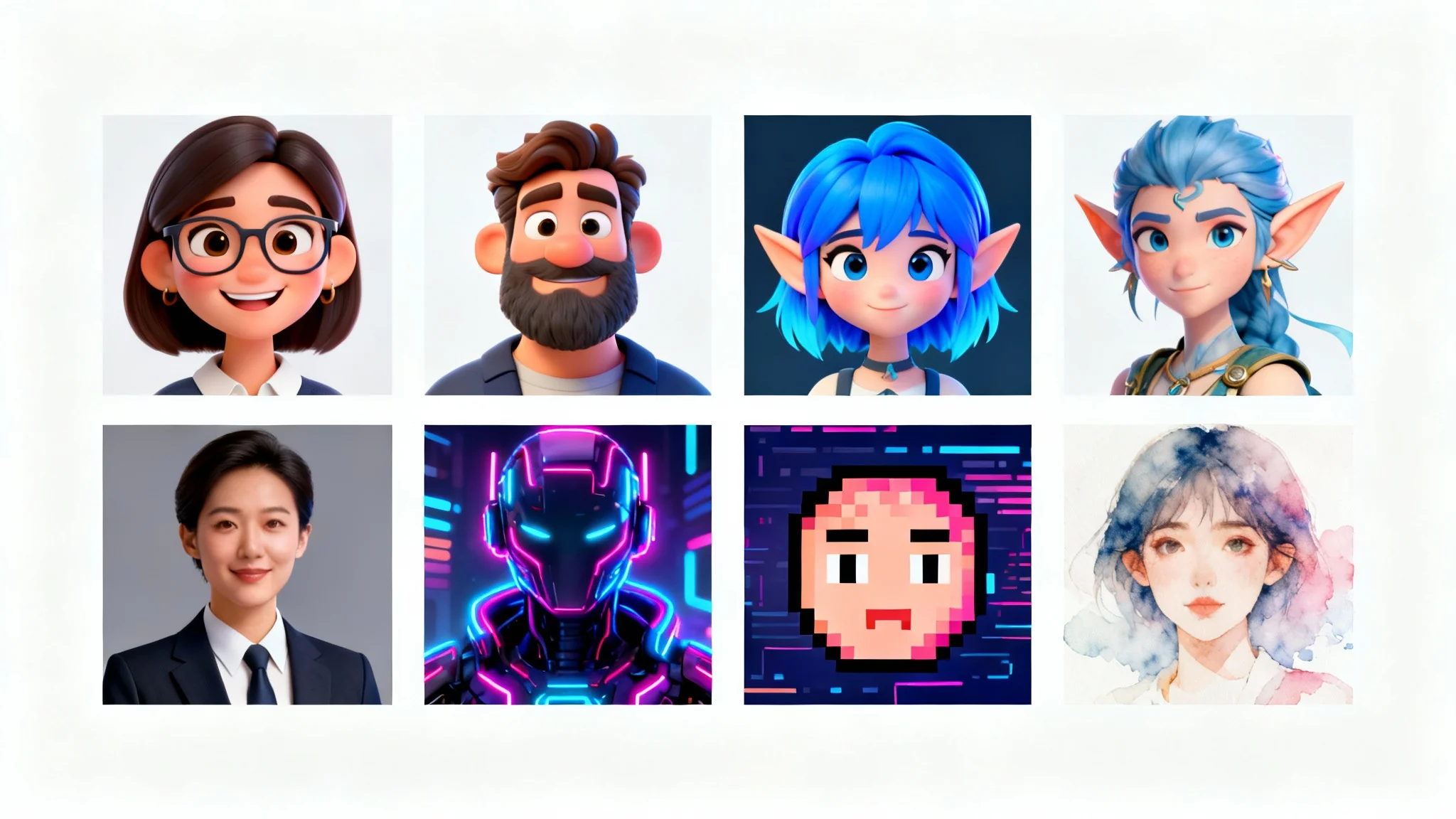 A grid collage showing nine diverse user avatars in various styles, including photorealistic, 3D animation, anime, and pixel art, all on a clean white background.