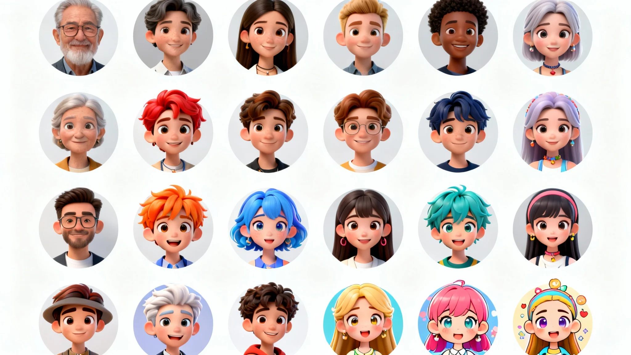 A diverse grid of generated avatars, showcasing various styles from photorealistic to cartoon, on a clean white background.