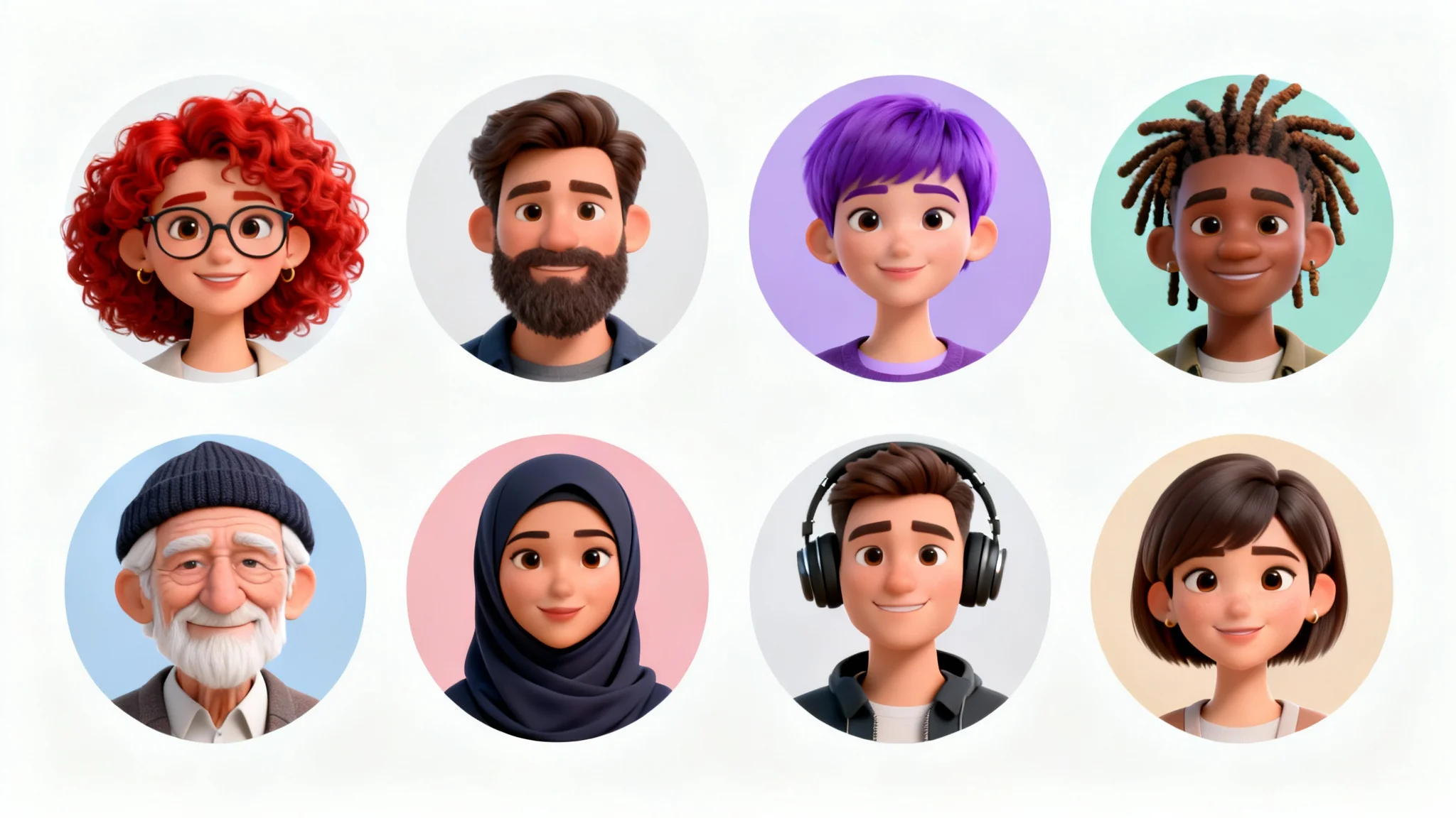 A grid of nine diverse, modern 3D avatars, showcasing different genders, ethnicities, and styles against a white background.