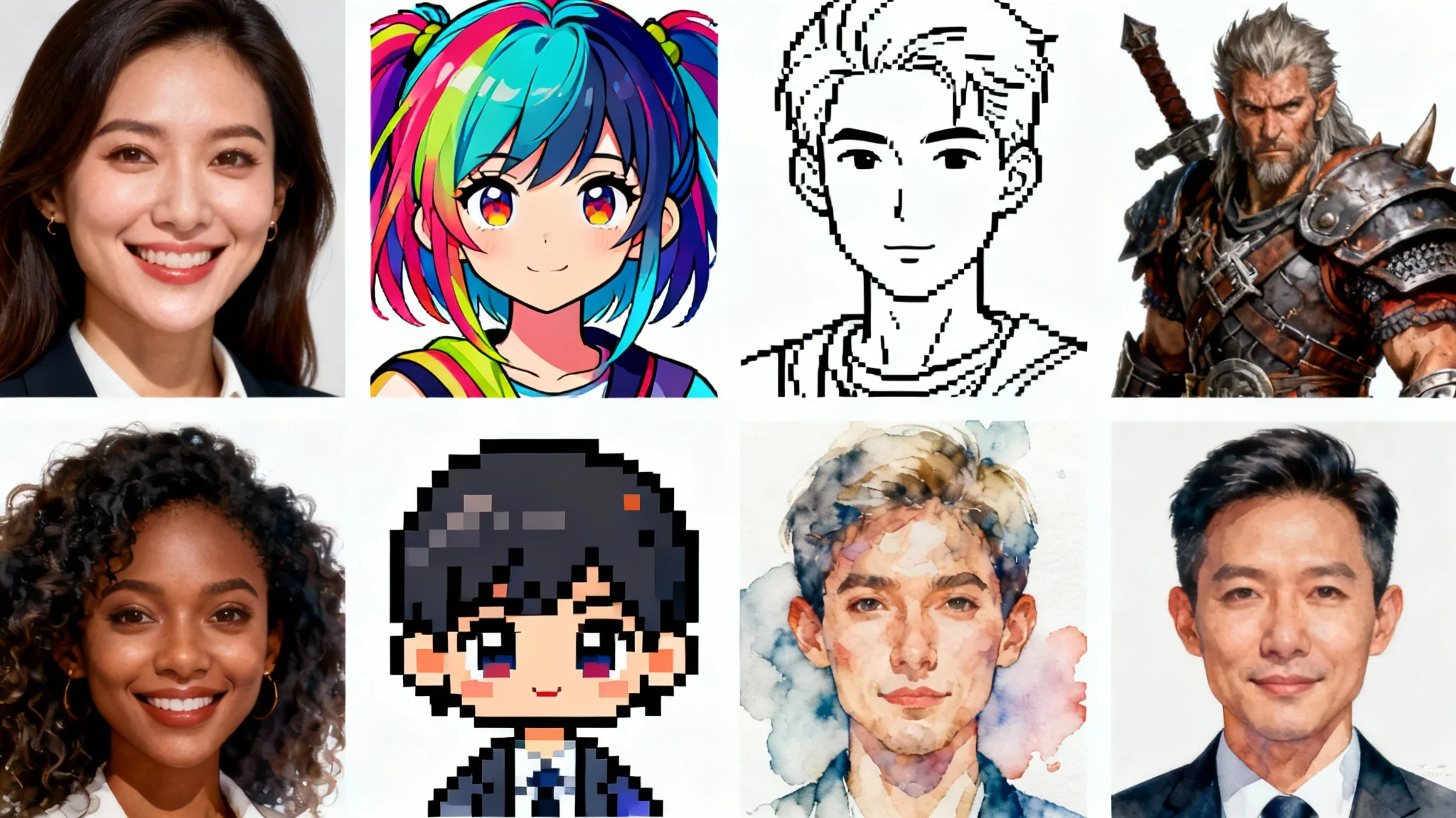 A grid collage showing a diverse collection of 16 user avatars in various artistic styles, including realistic, anime, fantasy, and pixel art, set against a plain white background.