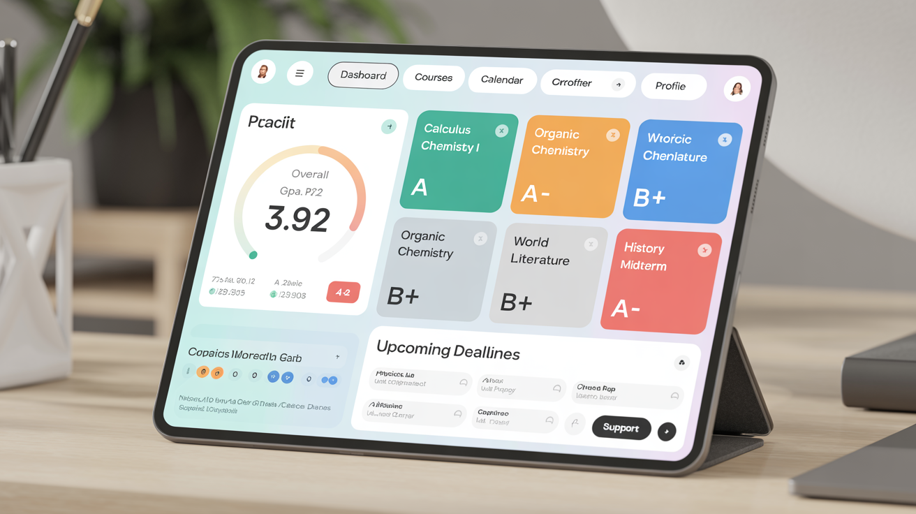 A photorealistic image of a modern tablet on a desk, displaying a beautifully designed student dashboard. The dashboard shows a student's high GPA, grades for subjects, and a list of upcoming assignments in a clean, colorful, and modern interface.