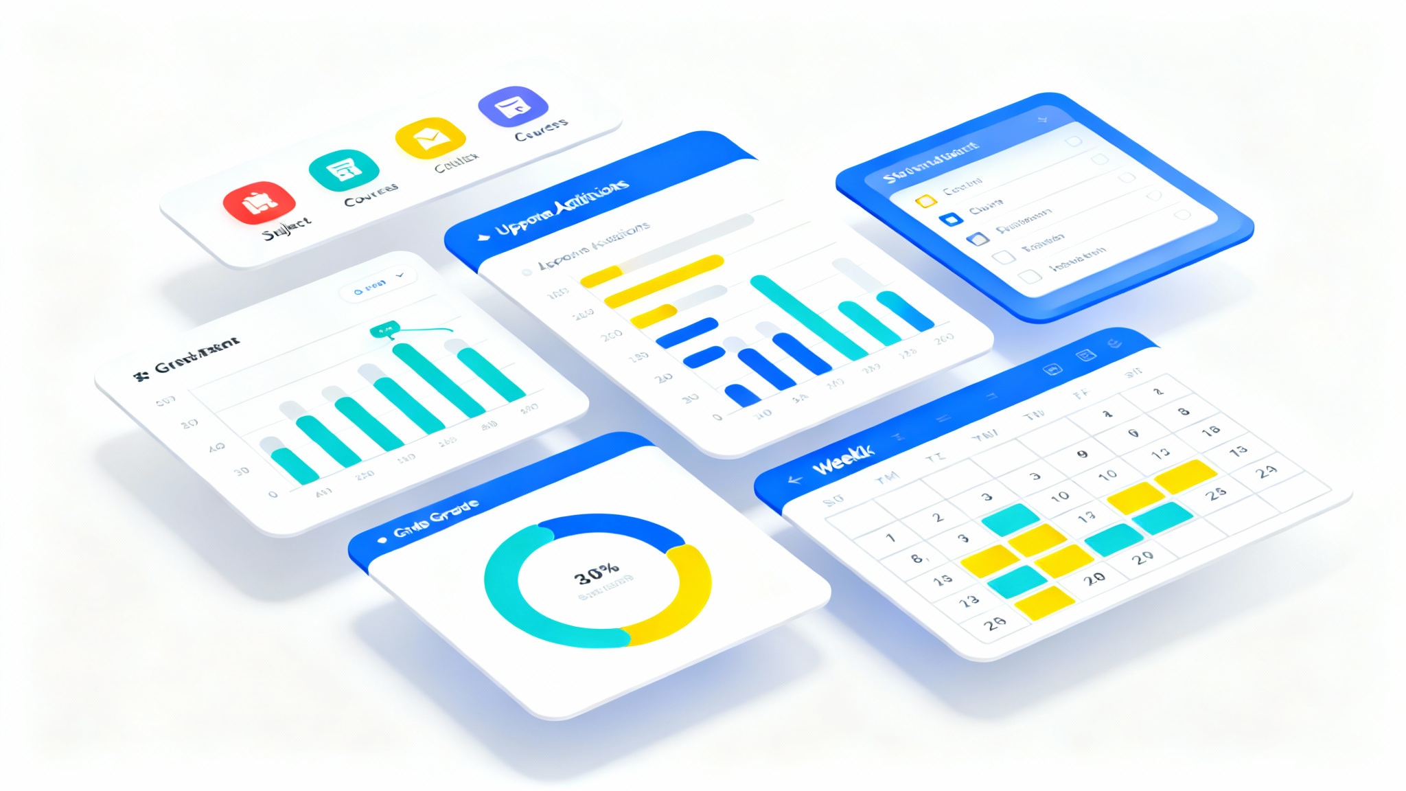 A clean and modern mockup of a student's digital dashboard, showing organized sections for courses, assignments, grades, and a calendar on a white background.