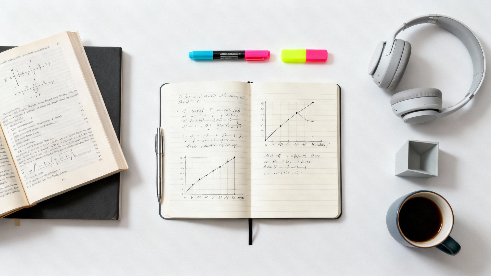 A top-down view of a student's neatly organized desk with a notebook, textbook, pens, headphones, and a coffee mug, symbolizing productivity and effective study management.