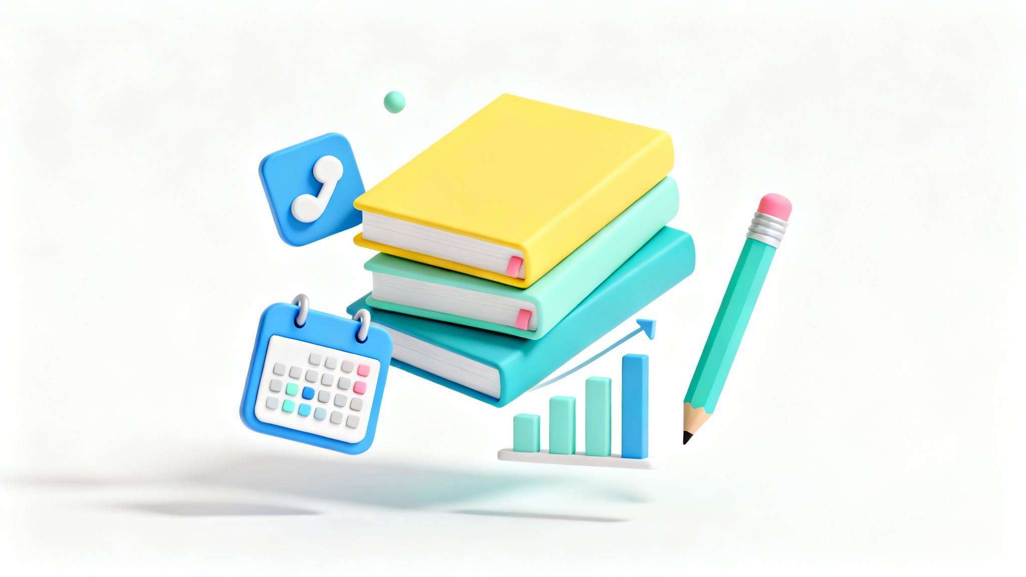 A 3D abstract illustration symbolizing a student dashboard. It features a clean, organized arrangement of floating academic-related icons like a calendar, books, and a progress chart, all in a minimalist clay style on a white background.