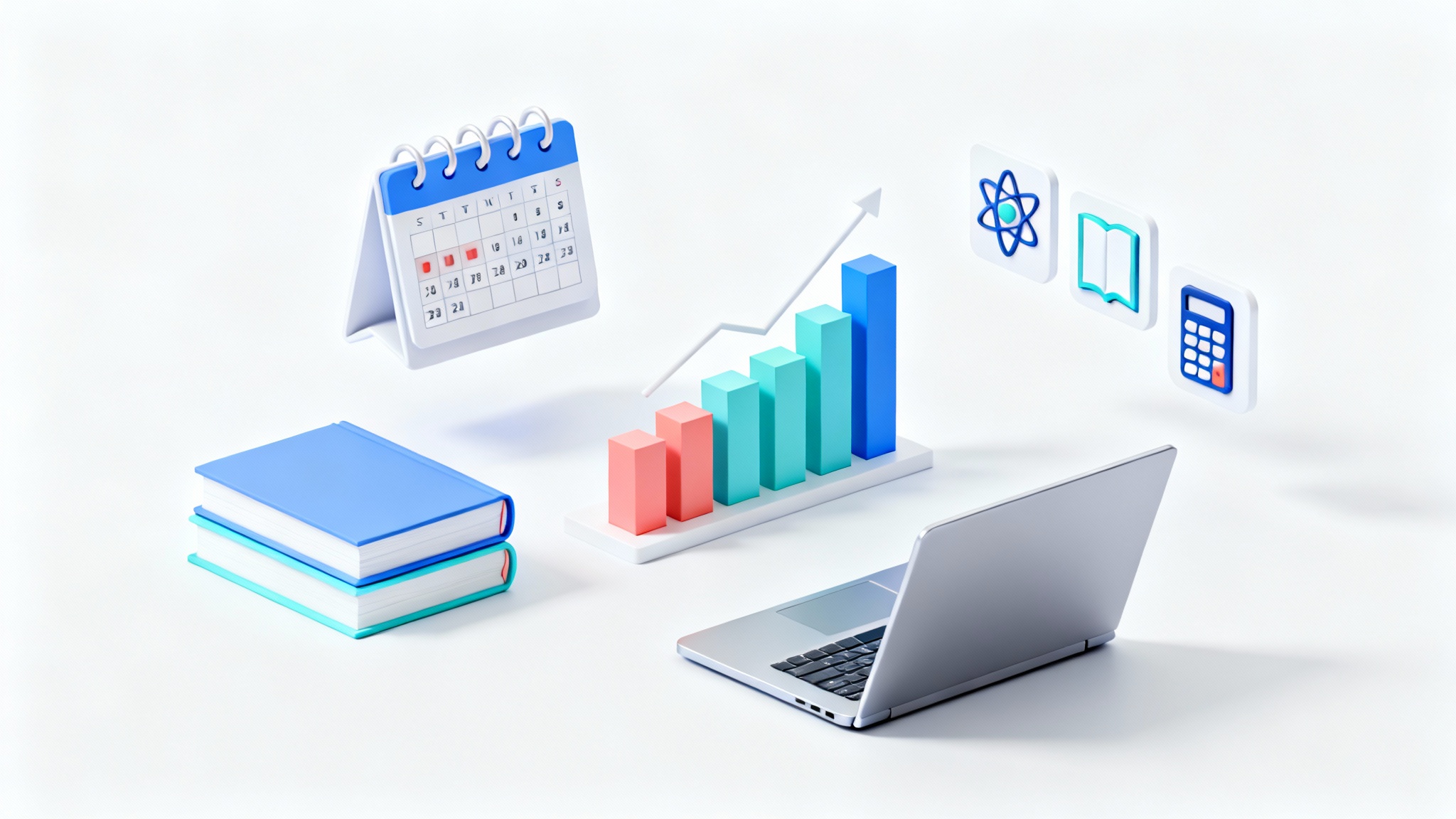 A 3D isometric illustration of a floating student workspace, showing a laptop, books, a calendar, and icons representing organization and academic progress, all against a white background.