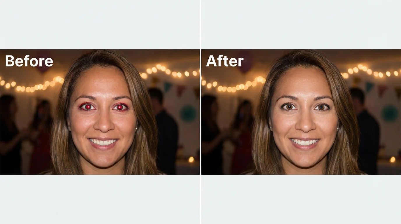 A before-and-after comparison image showing a woman's portrait. In the 'before' half she has red eyes from flash photography, and in the 'after' half her eyes are corrected and look natural.