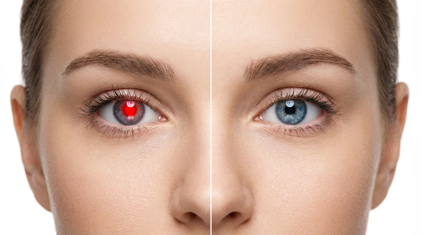 A close-up, split-screen portrait of a woman's face demonstrating red-eye removal. The left half shows her eye with a glowing red pupil, and the right half shows the eye corrected to its natural blue color.