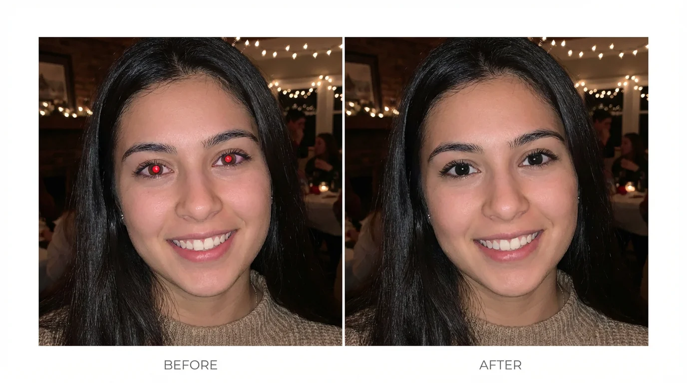 A split-screen comparison image demonstrating a red-eye remover. The left side shows a woman's portrait with severe red-eye, and the right side shows the same portrait with her eyes corrected to look natural.