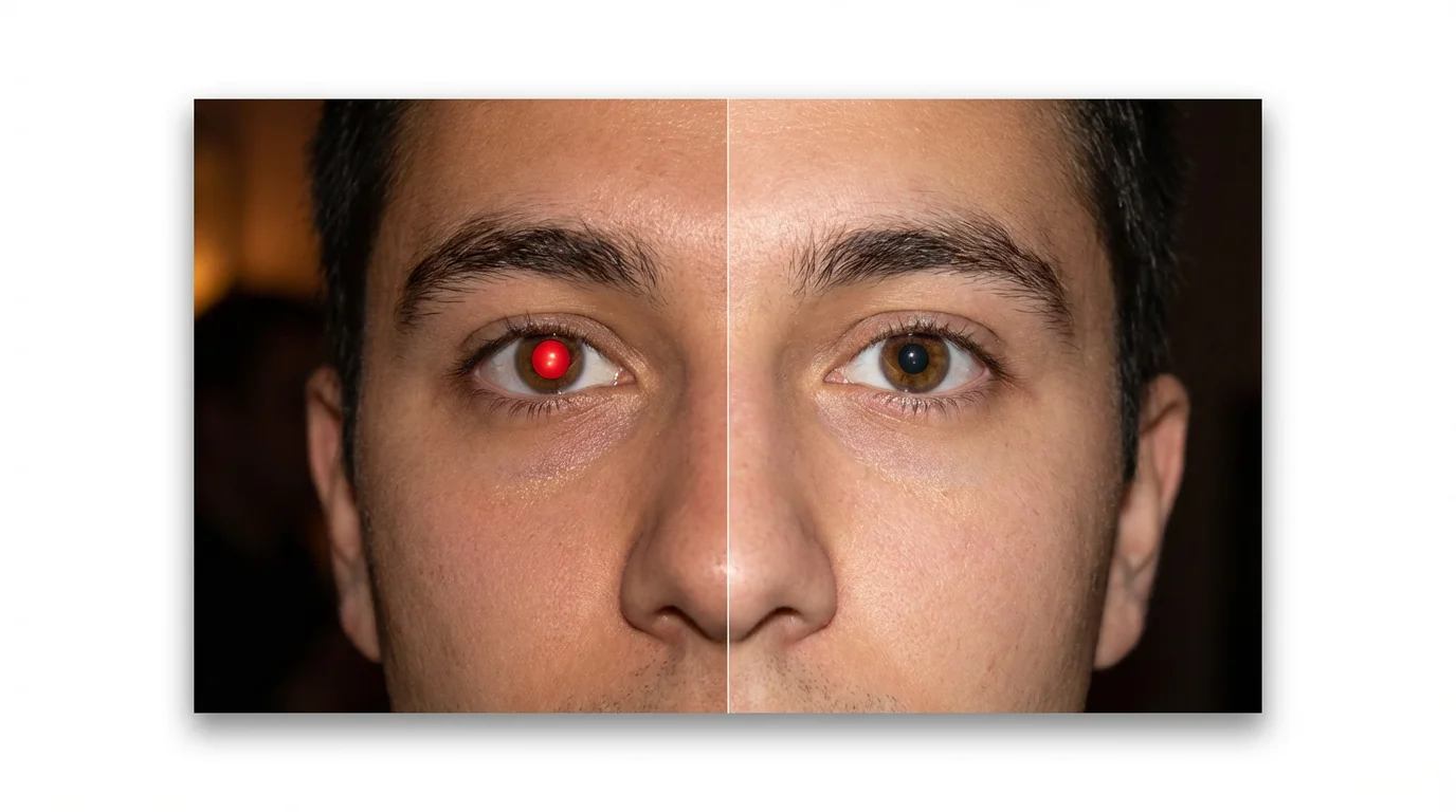 A before-and-after image demonstrating a red eye remover. The left side shows a person with bright red eyes from a camera flash, and the right side shows the same person with their eyes corrected to their natural color.