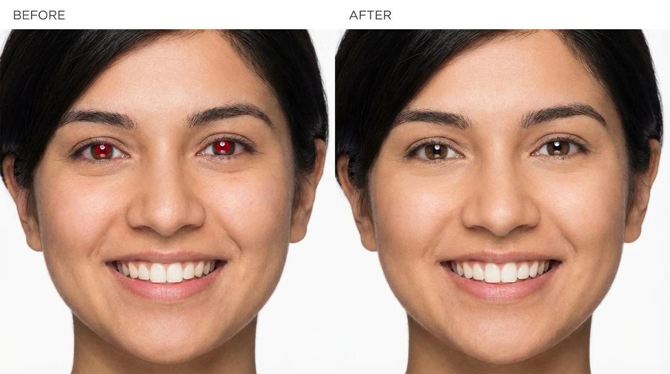 A before-and-after portrait showing the red-eye removal effect. The left side of the face has glowing red eyes, while the right side has natural, corrected eyes.