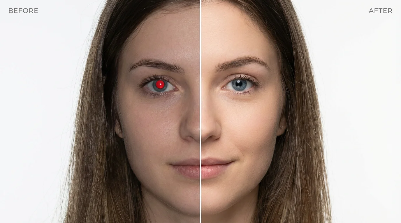 A before-and-after image demonstrating a red eye remover. The left side shows a woman's eye with a red pupil, and the right side shows the same eye corrected to look natural.
