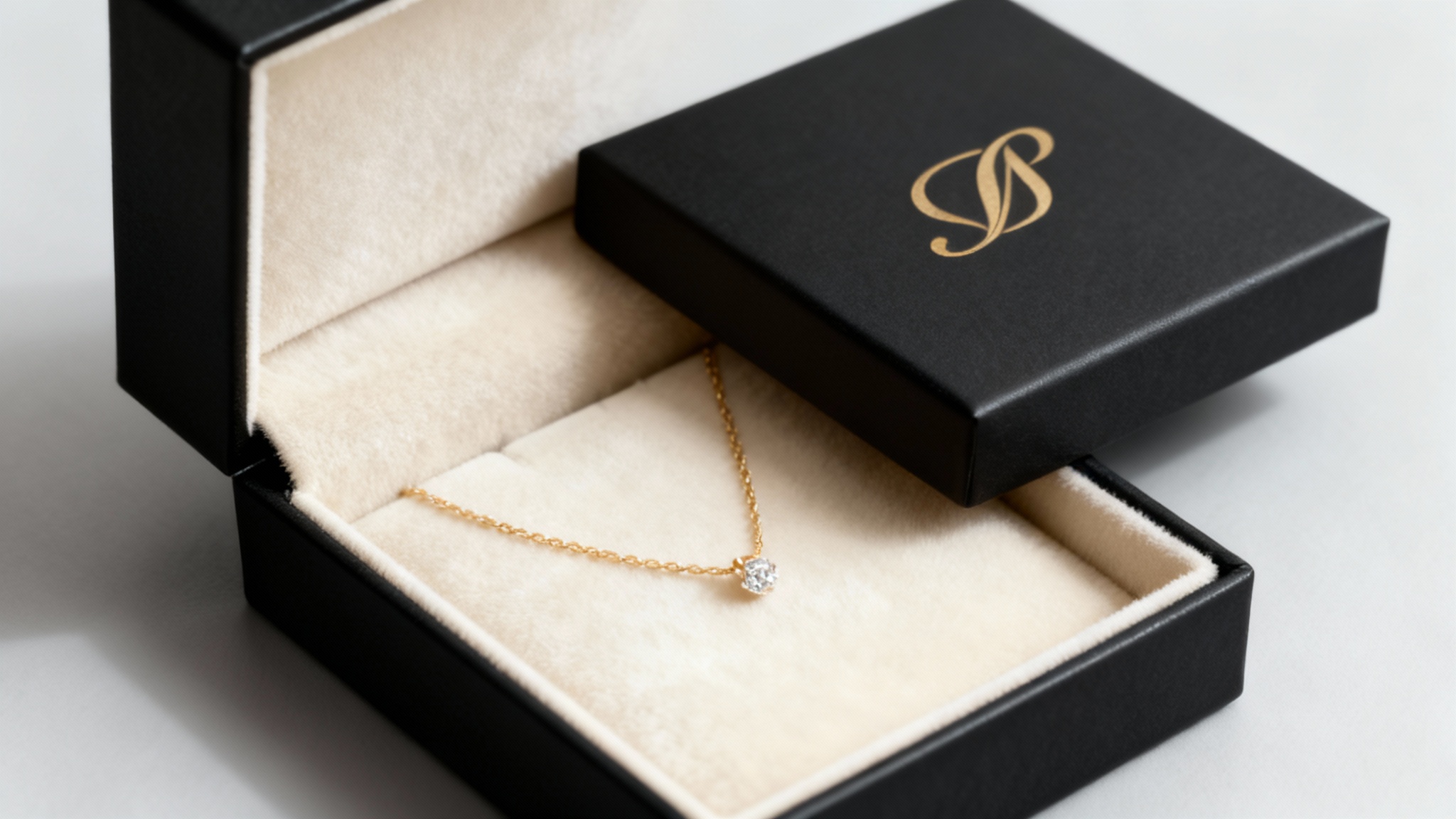 A close-up hero shot of a luxury jewelry packaging mockup. An open matte black box with a gold logo reveals a delicate gold and diamond necklace resting on a cream velvet interior, all set against a clean, light gray background.
