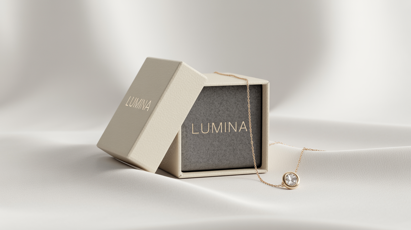 A luxurious jewelry packaging mockup featuring a cream-colored gift box with the word 'LUMINA' in gold, alongside a delicate gold necklace, on a clean white background.