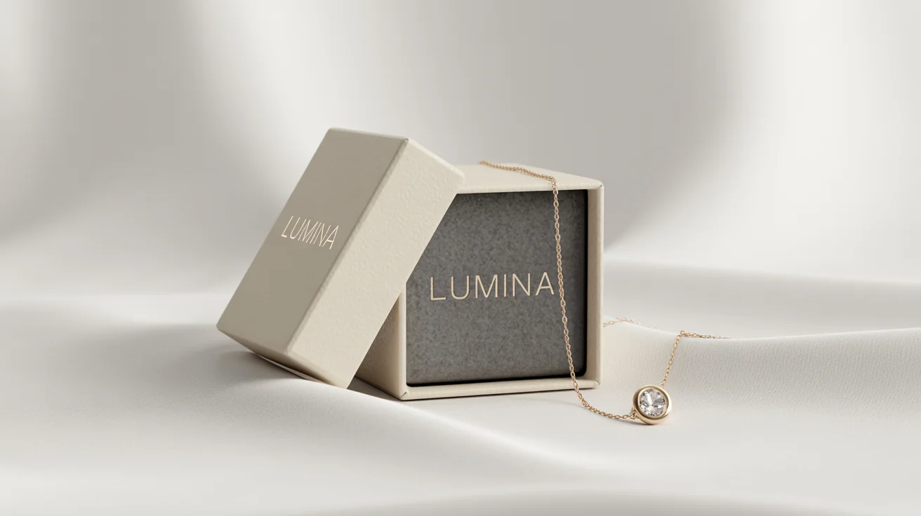 A luxurious jewelry packaging mockup featuring a cream-colored gift box with the word 'LUMINA' in gold, alongside a delicate gold necklace, on a clean white background.