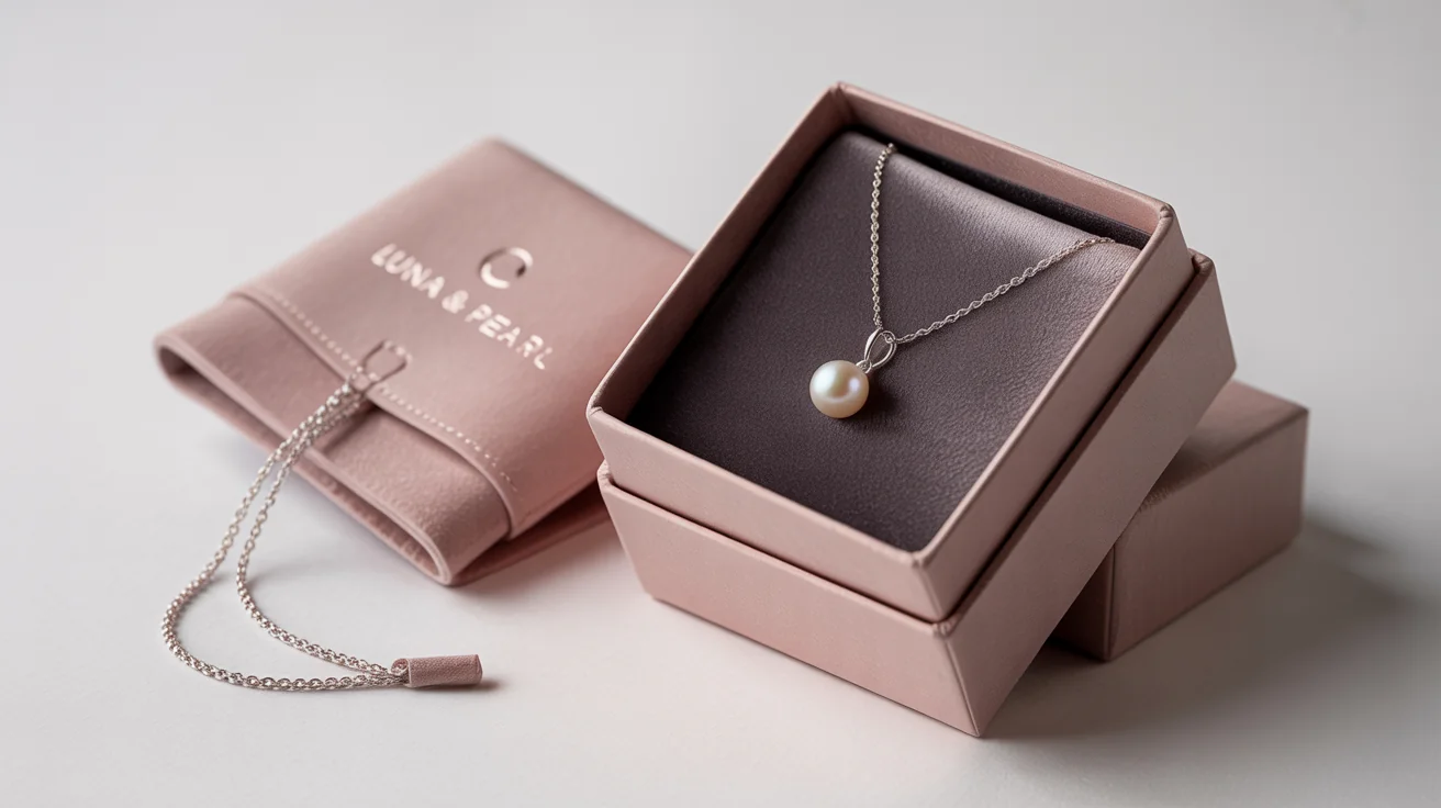 A minimalist mockup of luxury jewelry packaging, showing a dusty pink box and suede pouch with the brand name 'Luna & Pearl' in silver foil, on a white background.