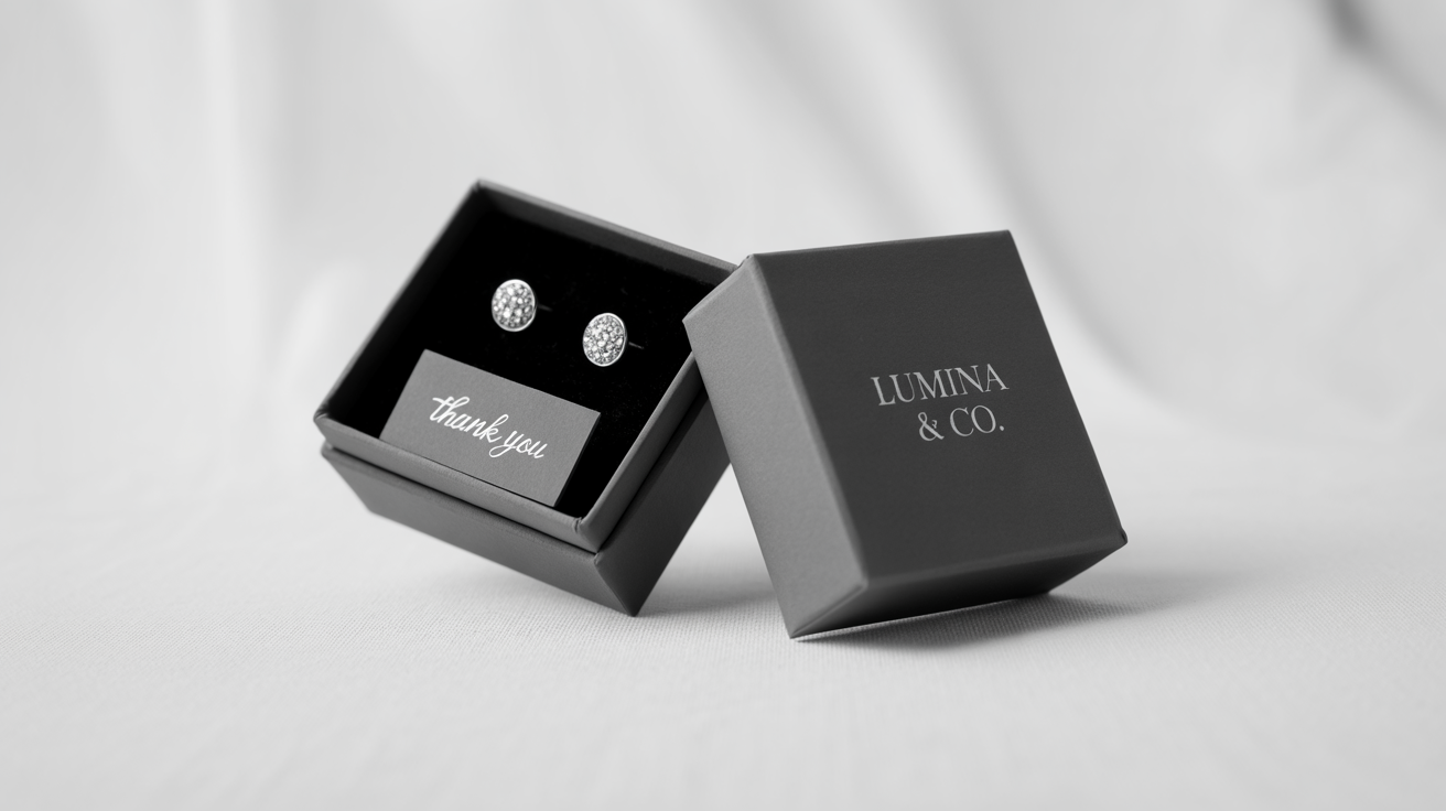 A sophisticated mockup of charcoal gray jewelry packaging for 'Lumina & Co.', showing a box with silver stud earrings inside, set against a clean white background.