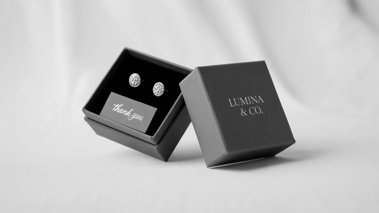 A sophisticated mockup of charcoal gray jewelry packaging for 'Lumina & Co.', showing a box with silver stud earrings inside, set against a clean white background.