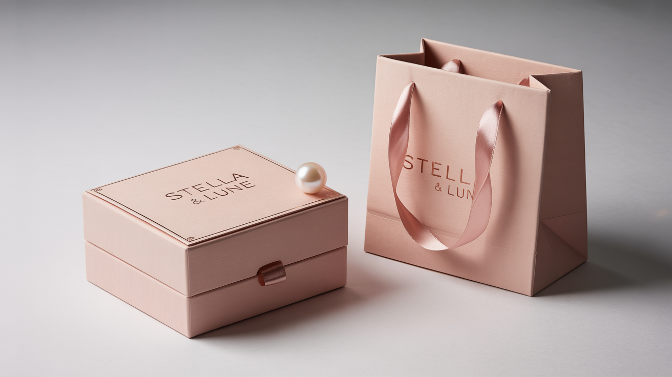 A minimalist mockup of luxury jewelry packaging, featuring a blush pink box and matching bag with 'STELLA & LUNE' in rose gold foil, set against a white background.