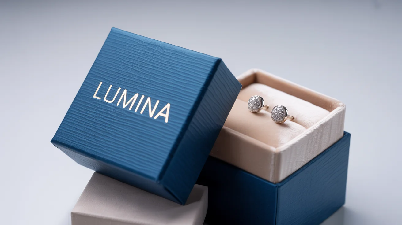 A photorealistic mockup of luxury jewelry packaging, featuring a closed navy blue box with a gold logo and an open box revealing diamond earrings on a white background.