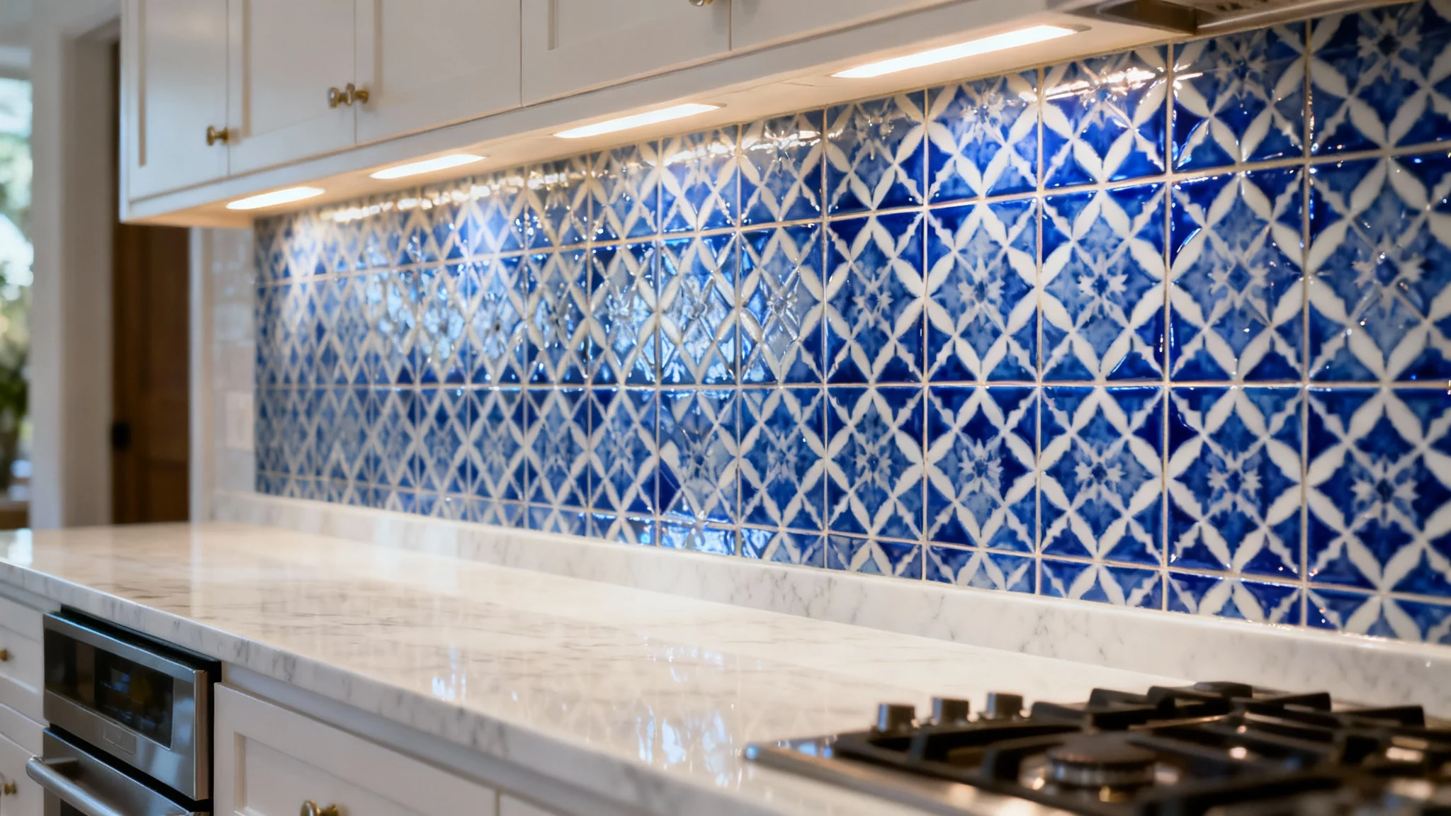 A close-up of a beautifully renovated modern kitchen featuring a new backsplash with an intricate blue and white geometric tile pattern, illuminated by under-cabinet lighting.