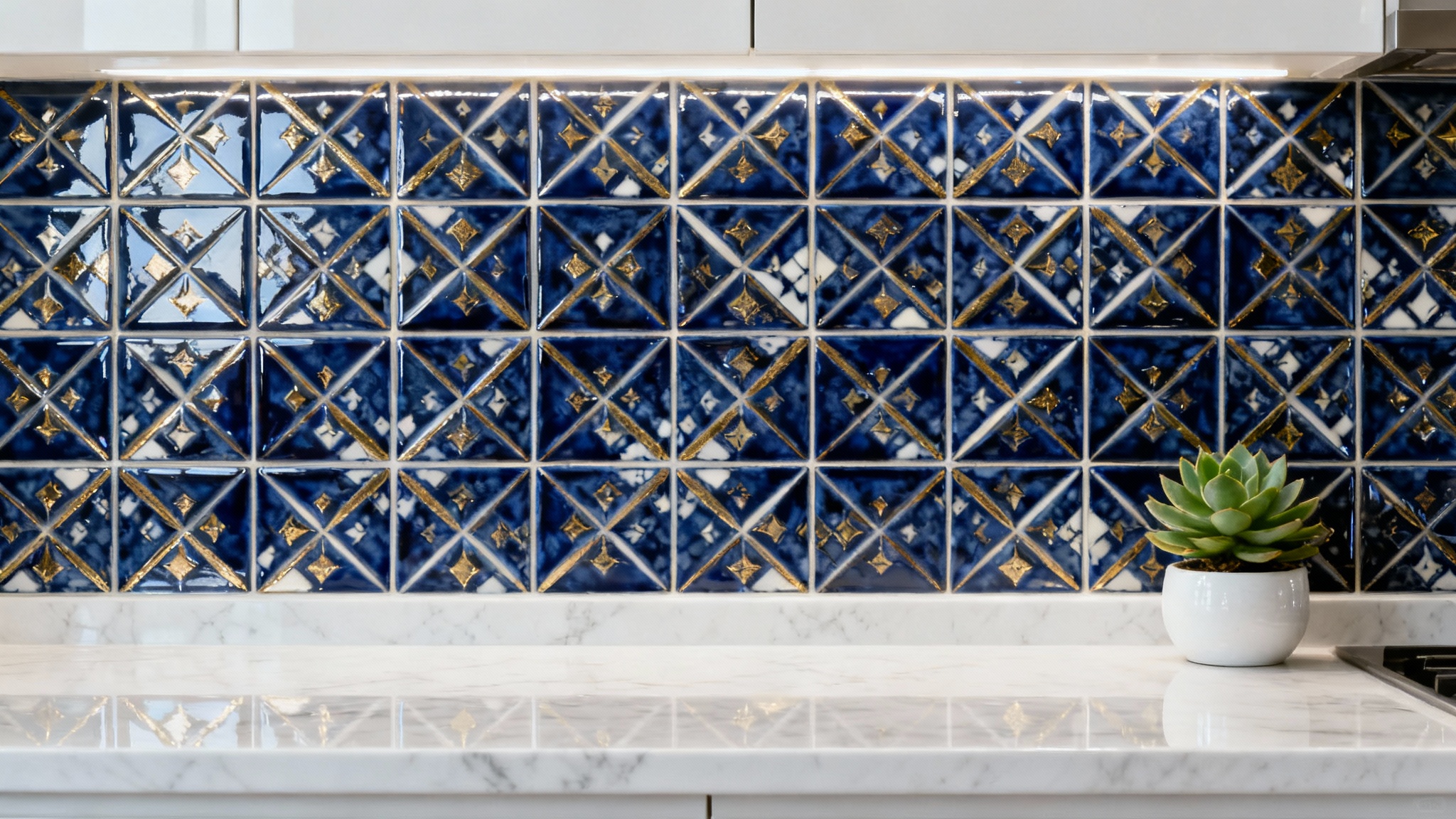 A close-up of a modern kitchen backsplash with a navy blue, gold, and white geometric tile pattern, installed above a white marble countertop against a plain white background.