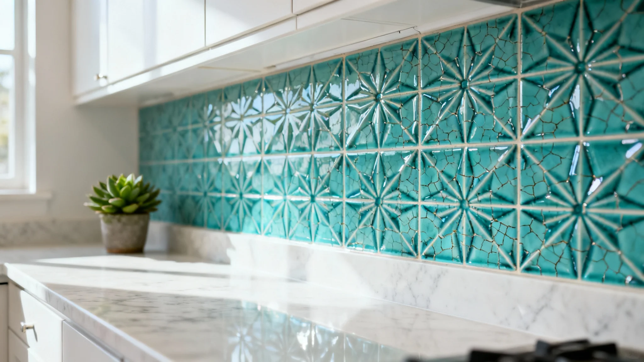 A close-up of a modern kitchen backsplash made of glossy, turquoise geometric tiles, with a white marble countertop and a small succulent.