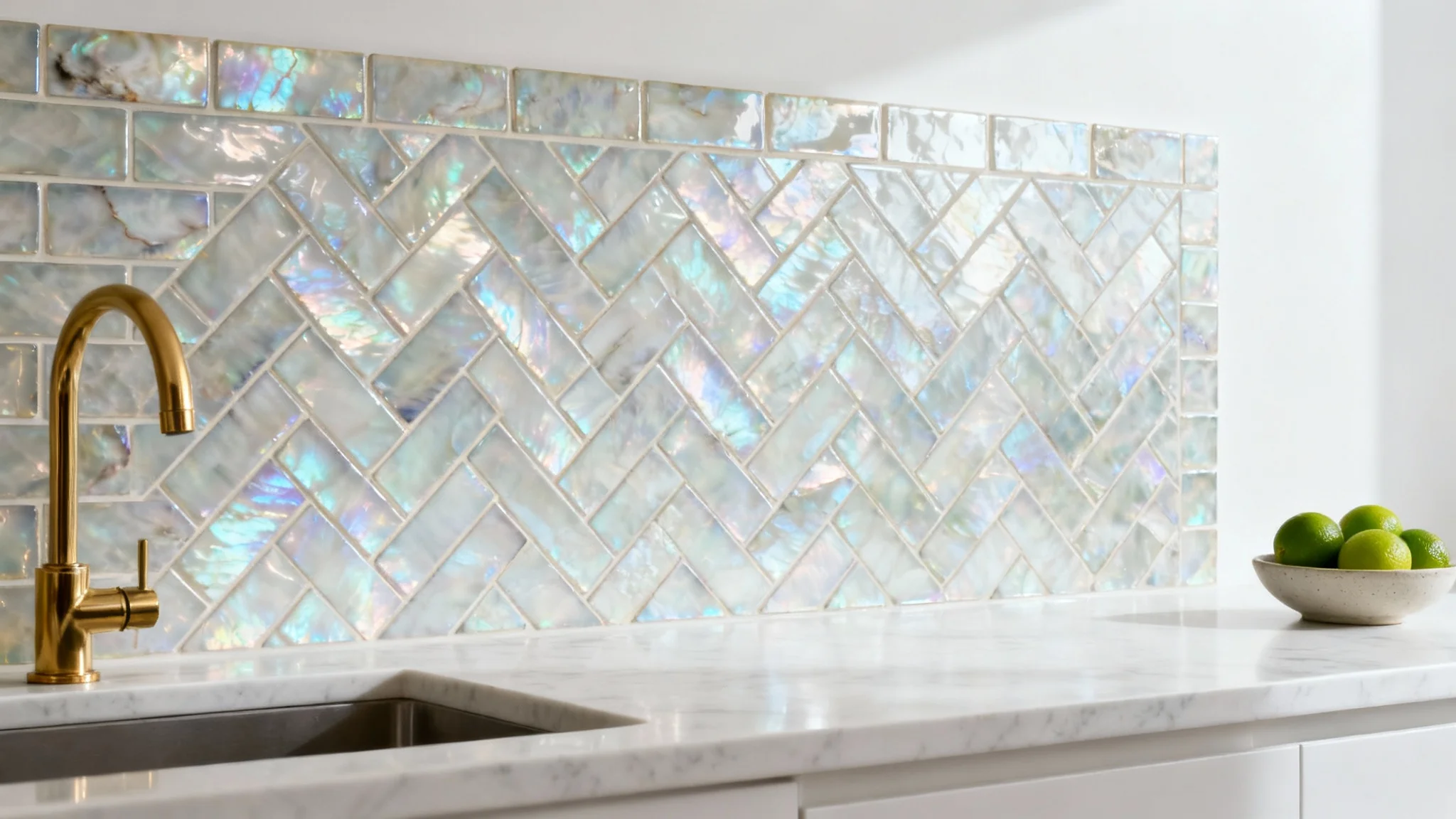 A close-up of a luxurious kitchen backsplash with iridescent herringbone tiles, set against a clean white background with a marble countertop.