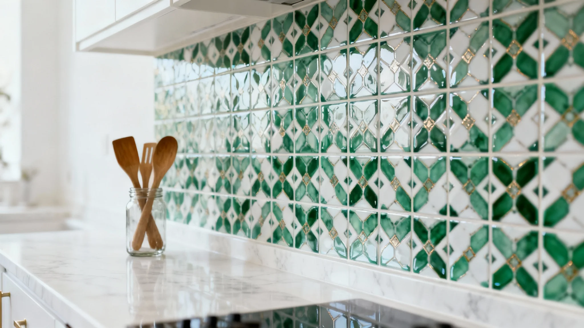 A close-up of a stylish, modern kitchen backsplash featuring geometric green, white, and gold tiles above a clean white marble countertop.
