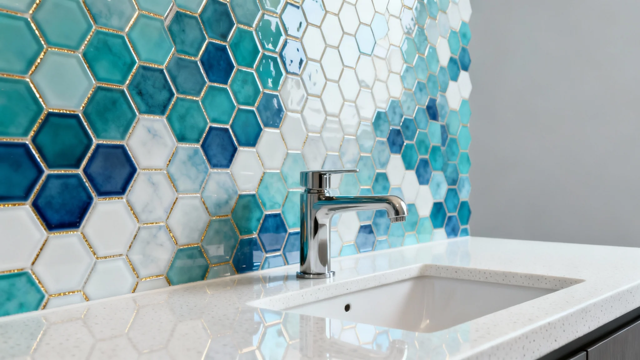 A studio-style mockup of a modern kitchen backsplash, featuring hexagonal tiles in a blue and white gradient with gold grout, above a clean white countertop.