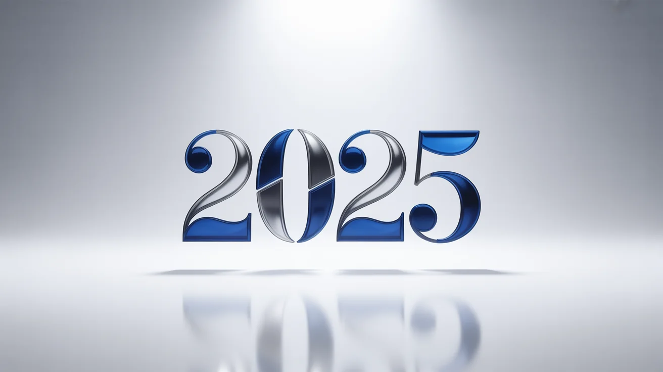 A professional and modern logo design for the year 2025, featuring stylized blue and silver numbers on a clean white background, representing innovation.