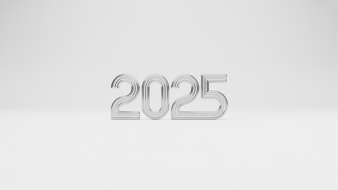 A modern, metallic silver logo for the year 2025, presented as a clean mockup on a solid white background.