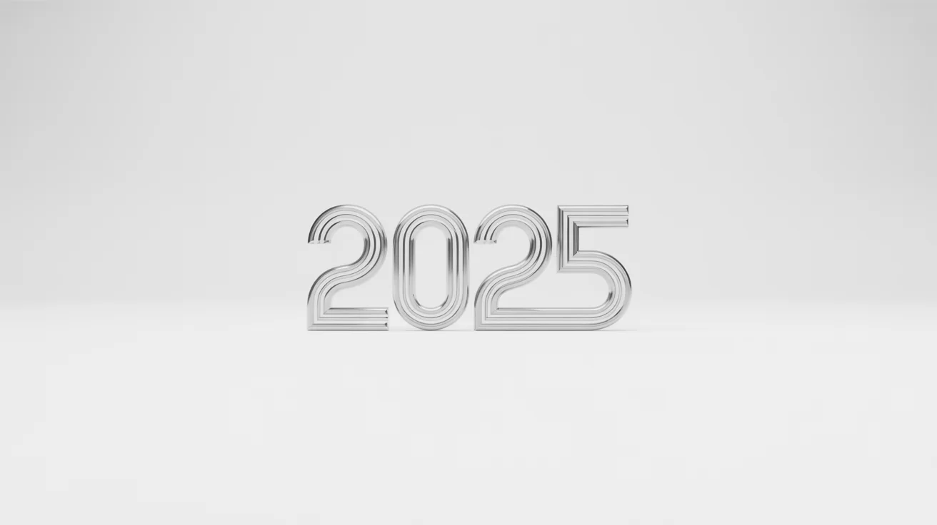 A modern, metallic silver logo for the year 2025, presented as a clean mockup on a solid white background.