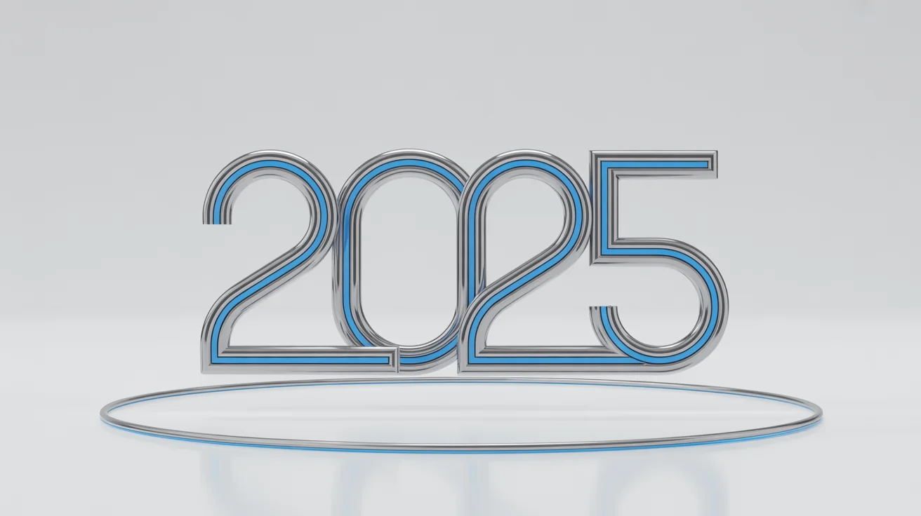 A modern, professional logo for '2025' rendered in chrome and electric blue, set against a plain white background.