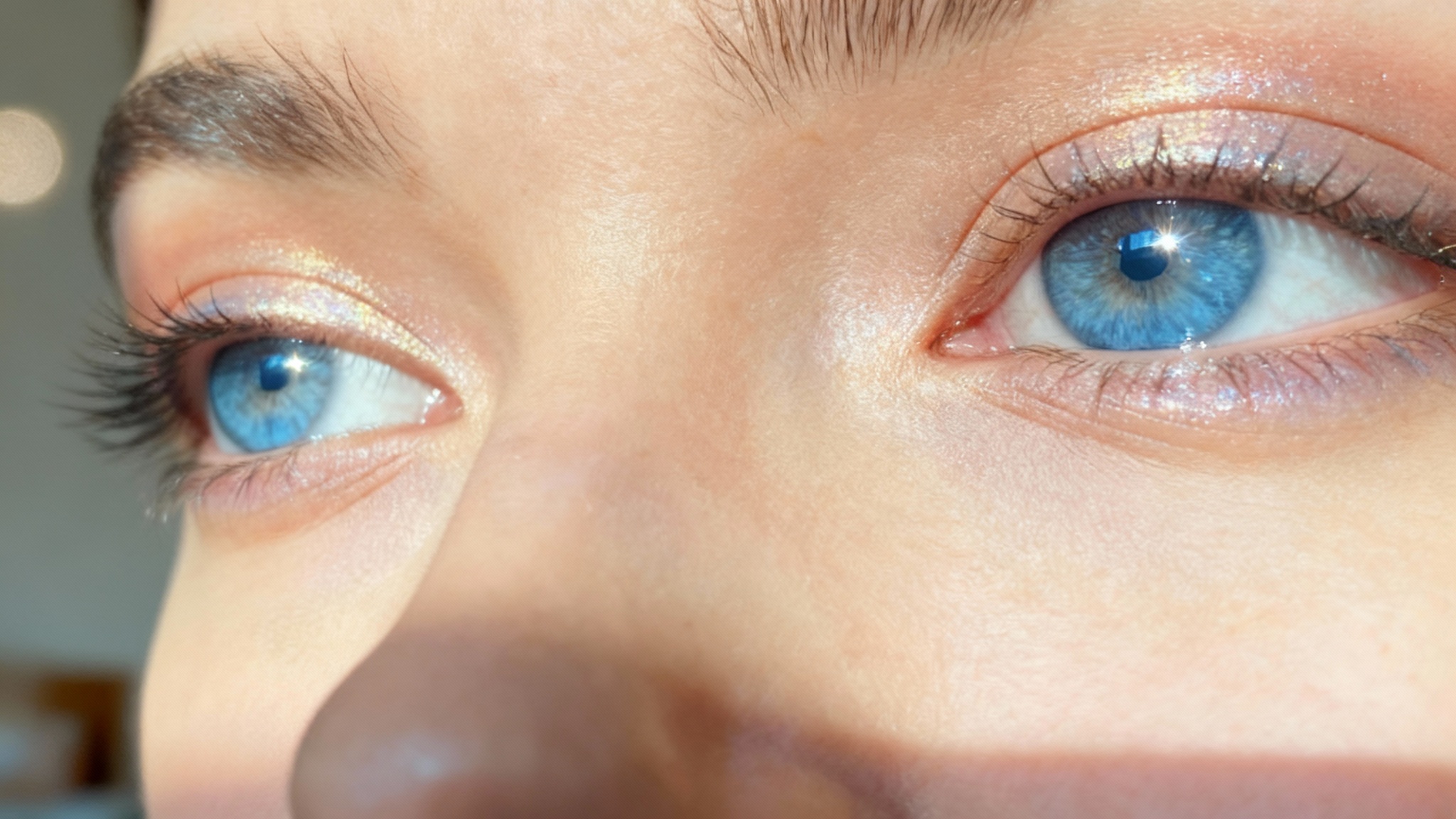 A close-up 16:9 portrait of a person after using an eye-brightening tool. Their blue eyes are incredibly bright, clear, and sparkling, serving as the main focus against a softly blurred background.