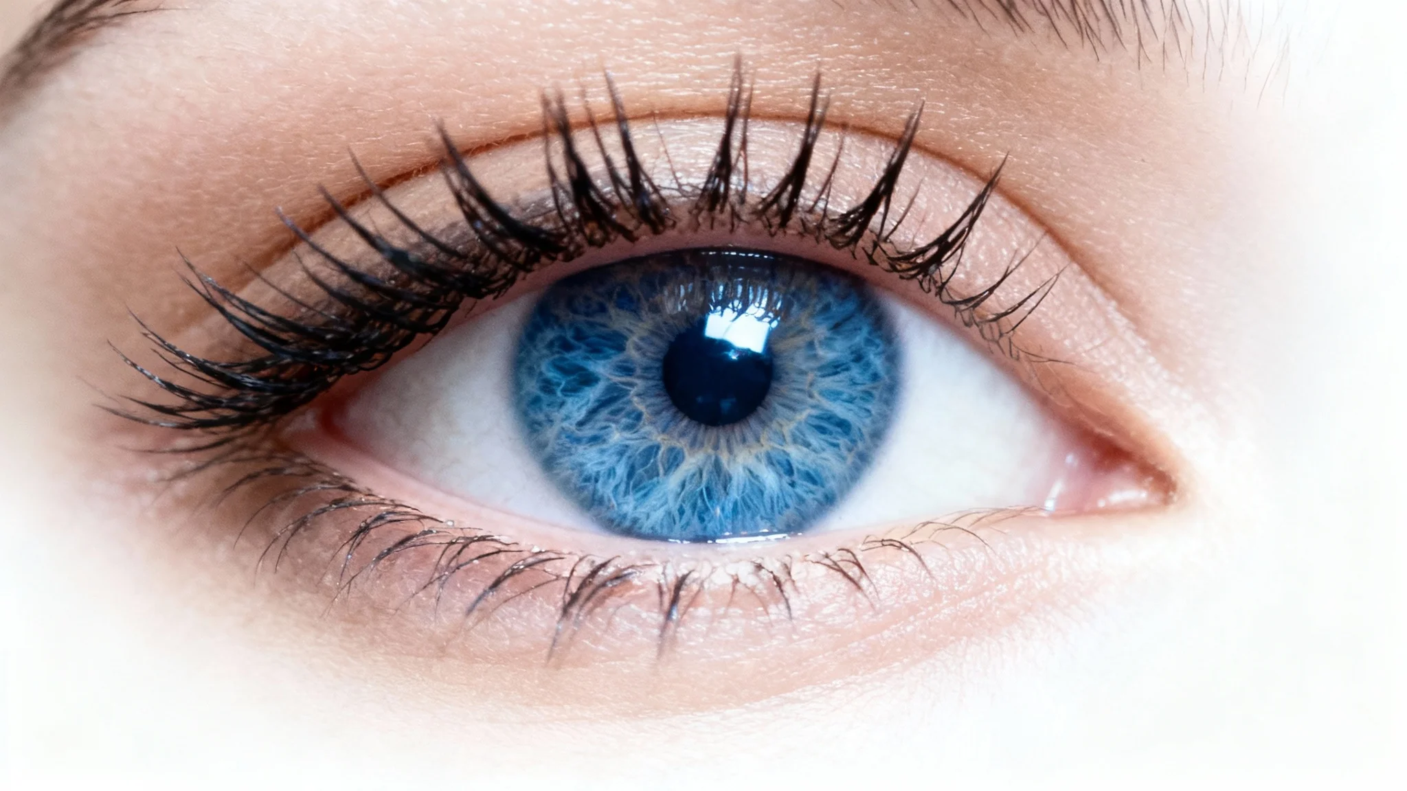 An extreme close-up of a woman's stunningly bright blue eye, looking vibrant and full of life against a plain white background, illustrating the effect of brightening eyes.