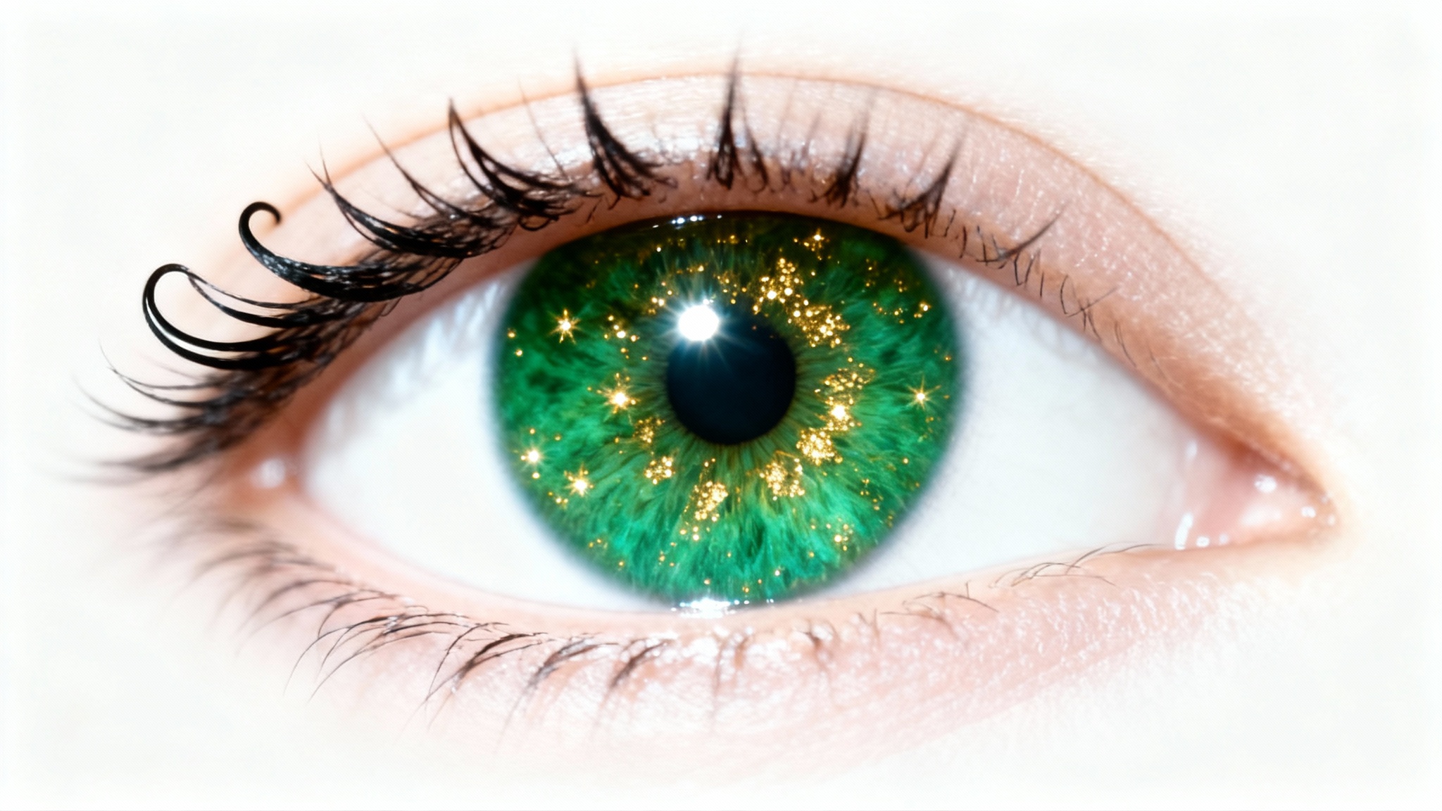 A hyper-realistic macro shot of a brightened human eye. The iris is a vibrant green, and the white of the eye is clear and bright, conveying a sense of health and energy.