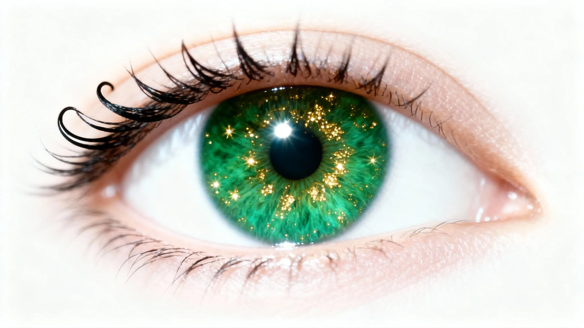 A hyper-realistic macro shot of a brightened human eye. The iris is a vibrant green, and the white of the eye is clear and bright, conveying a sense of health and energy.