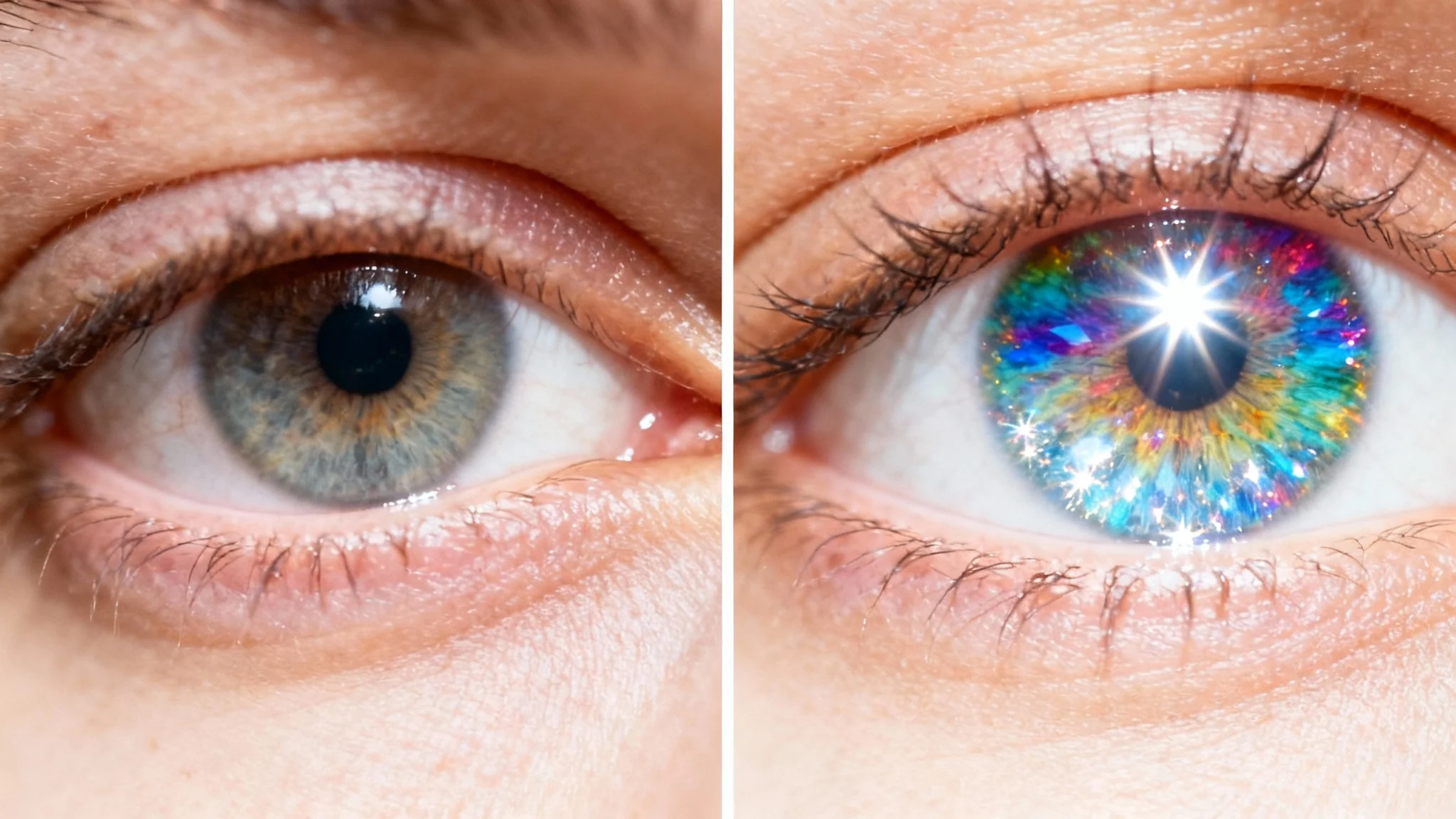 A macro close-up image comparing an eye before and after being brightened. The left side shows a dull eye, and the right side shows the same eye looking bright, clear, and vibrant.