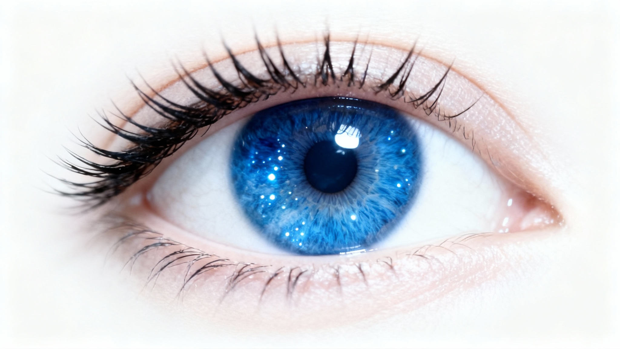 A hyper-realistic macro shot of a single bright blue eye, showcasing its clarity and vibrancy against a clean white background.