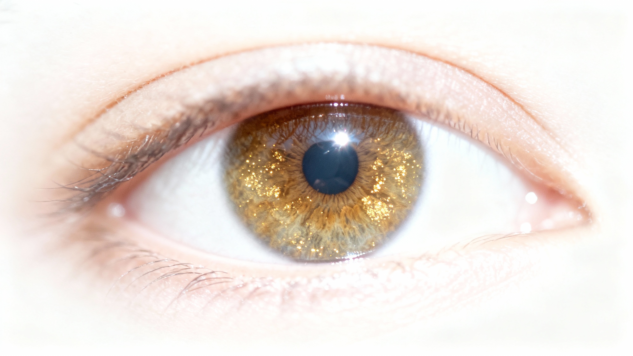 A hyper-realistic macro shot of a bright and vibrant human eye, with a sparkling catchlight and clear white sclera, set against a plain white background to illustrate an eye-brightening effect.