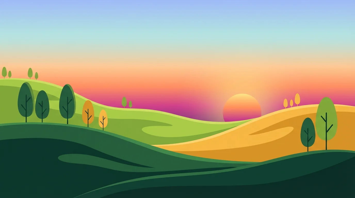 A beautiful flat landscape illustration showing rolling green and yellow hills with stylized trees under a vibrant sunset gradient sky, created as a final design result.
