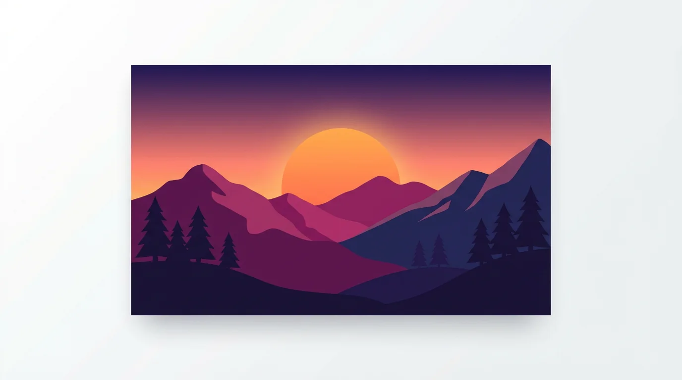 A minimalist flat vector illustration of a mountain landscape at sunset. The image shows layered mountain ranges in shades of purple and blue with a large orange sun setting behind them, presented on a clean white background.