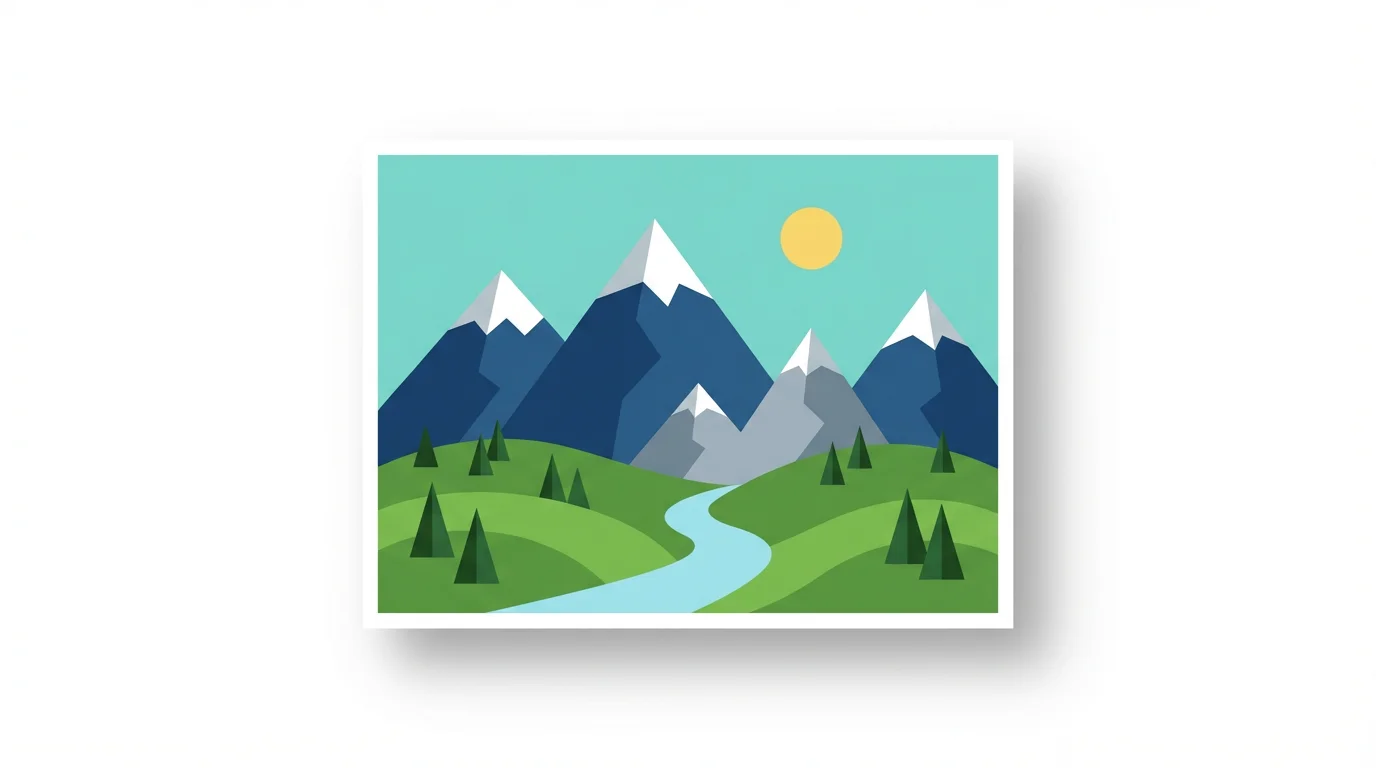 A minimalist flat design illustration of a mountain landscape with a river and forest, created with simple geometric shapes and a vibrant color palette, presented as a mockup on a white background.