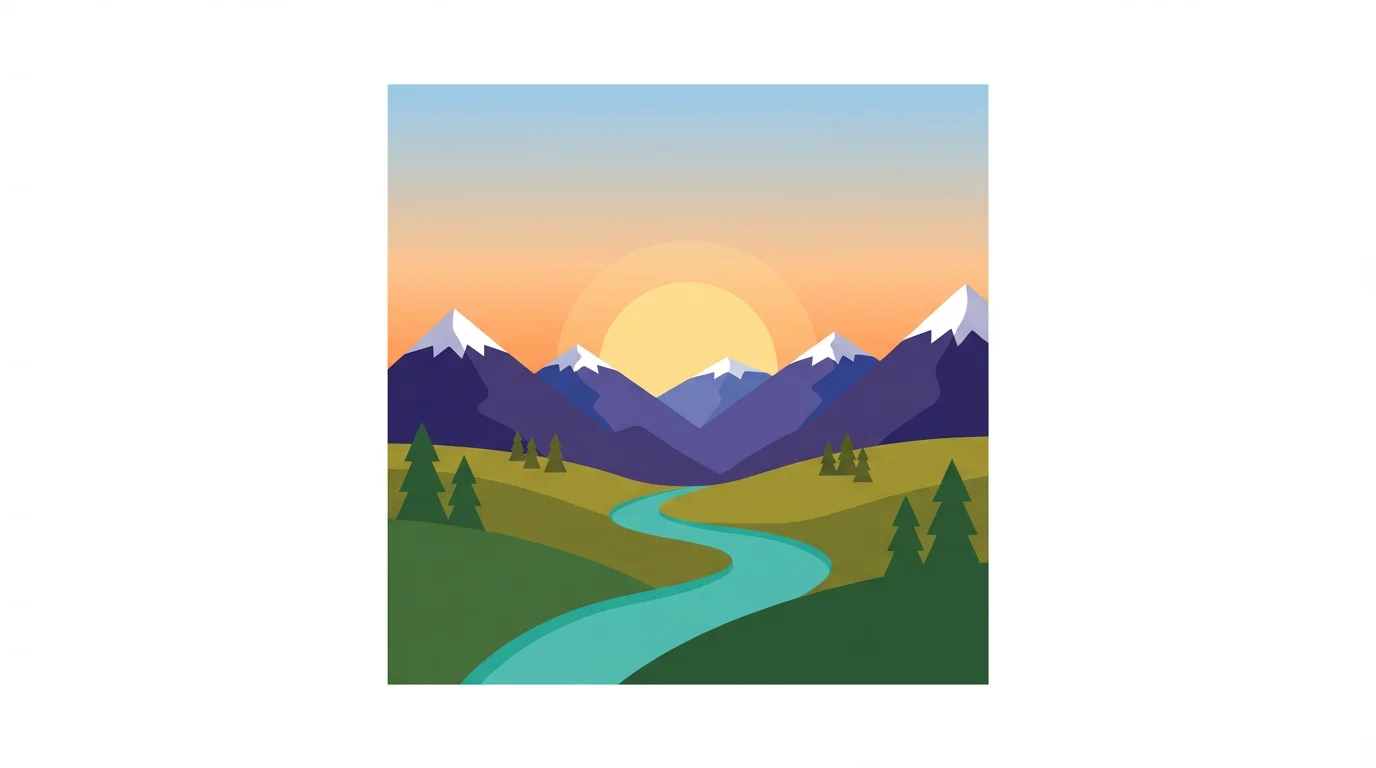 A modern flat design illustration of a mountain landscape at sunset. The image features green rolling hills, a turquoise river, and purple mountains with snow-capped peaks, presented in a clean, vector art style on a white background.