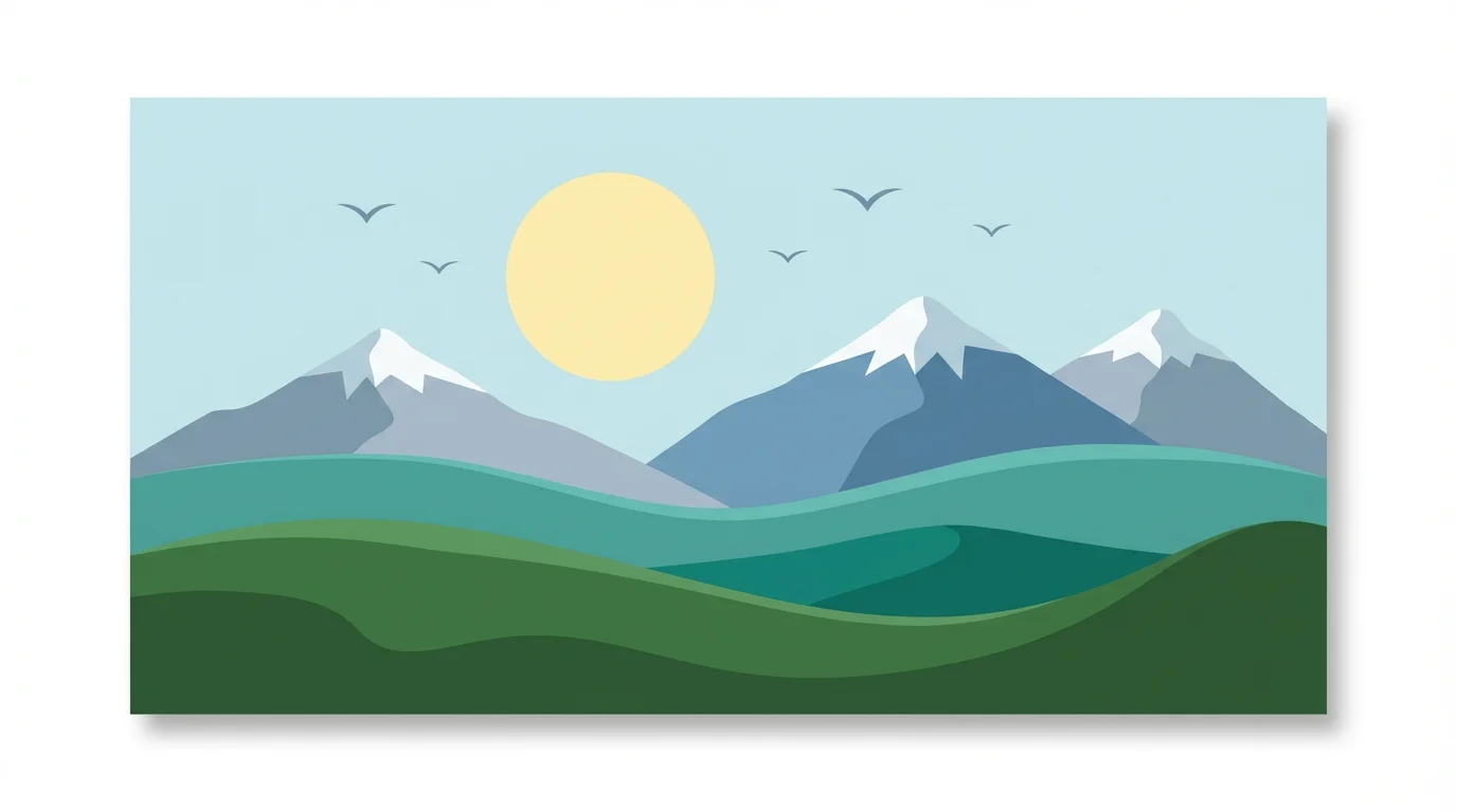 A minimalist flat design illustration of a landscape with green rolling hills in the foreground and blue, snow-capped mountains in the background under a pale sun, isolated on a white background.