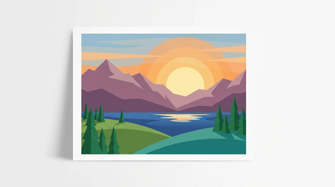 A minimalist flat vector illustration of a landscape with green hills, a blue lake, and purple mountains under a setting sun.