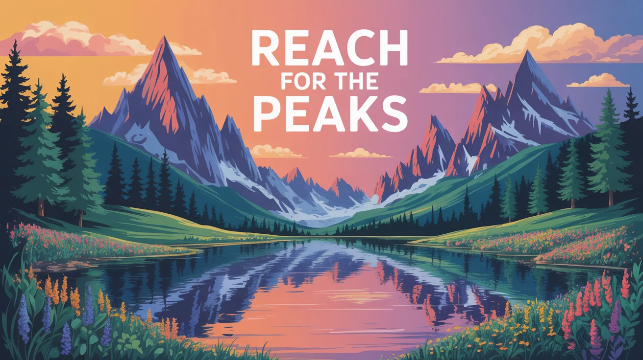 An inspirational poster featuring a vector illustration of a mountain landscape at sunset. Purple mountains are reflected in a clear lake, with text in the orange sky that reads 'Reach for the peaks'.