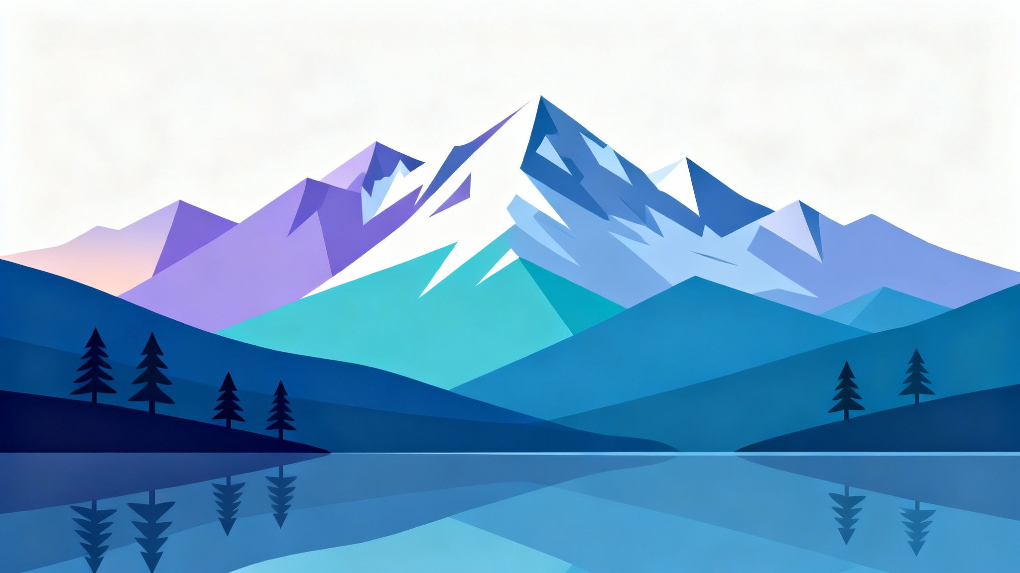 A modern flat design illustration of a serene mountain landscape with snow-capped peaks, a reflective lake, and minimalist pine trees.